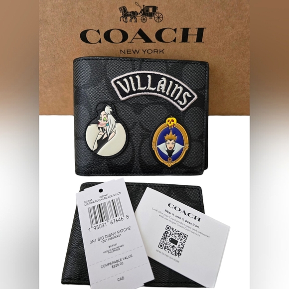 😈 Disney X Coach 3 In 1 Wallet In Signature Canvas With Patches & Gift Box - Picture 2 of 4